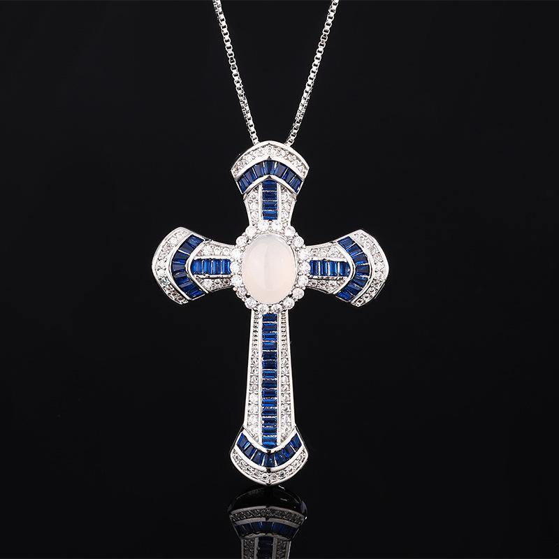 Hot selling Douyin live colored diamond zircon royal blue cross pendant necklace micro-inlaid glitter diamond geometric necklace