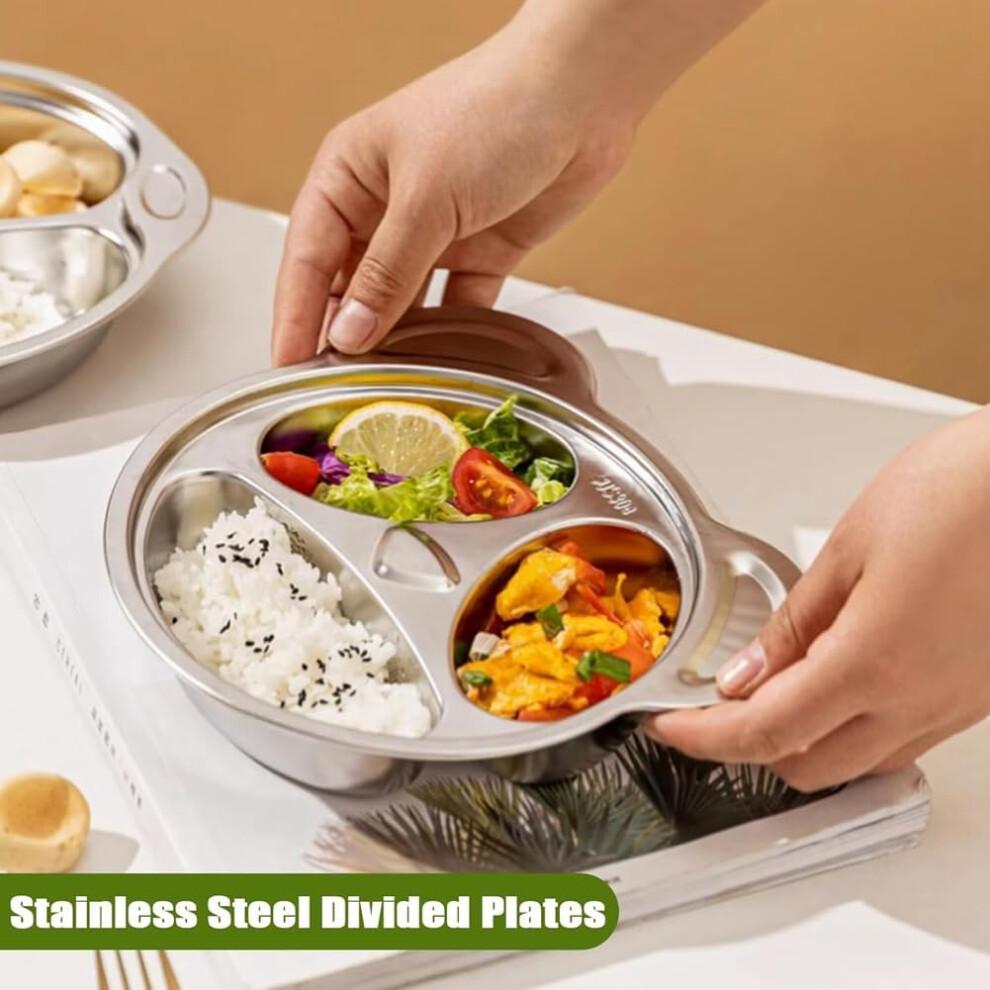 Divided Stainless Steel Plates for Adults and Children, Split Design, Durable, Easy to Clean, 3-Compartment Plates