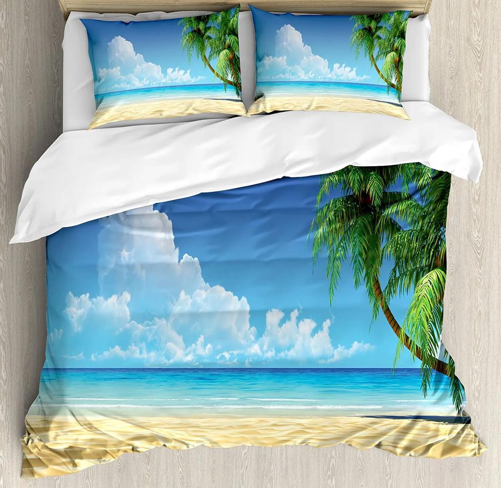 Palm Tree Sea Beach Blue Sky White Clouds 3pcs Bedding Set For Double Bed Home Textile Duvet Cover Quilt Cover Pillowcase