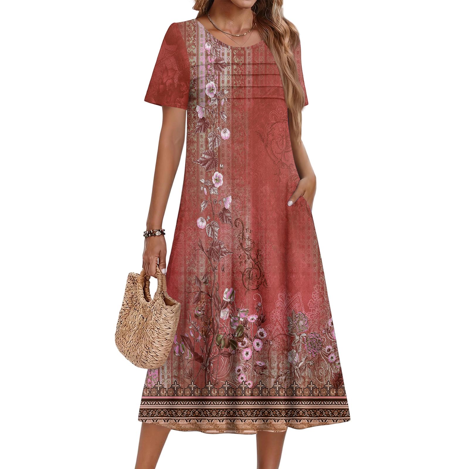 

Ladies Floral Printed Casual And Fashionable Short Sleeved Round Neck Dress XL червоний