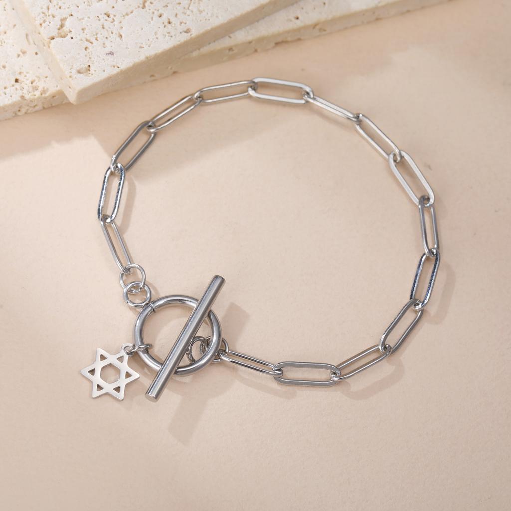 Teamer Je Star of David Toggle Bracelet for Women Men Stainless Steel Paper Clip Chain Gold Color Bracelet Amulet Jewelry