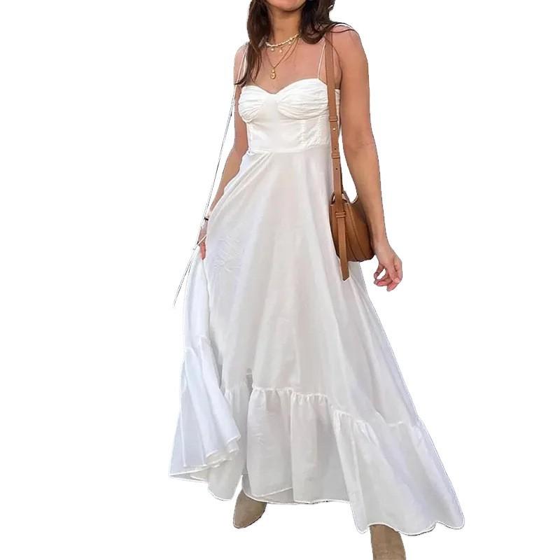 2026 Womens Solid Color High-Waisted Sleeveless V-Neck Maxi Dress A-Line Elegant Casual Long
