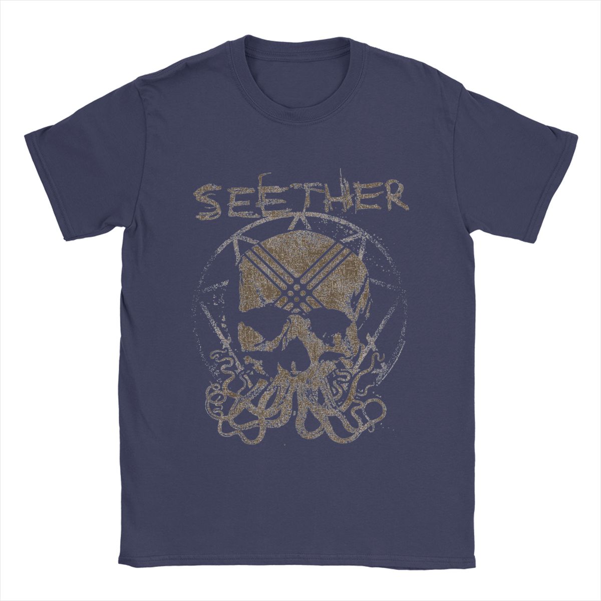 

Повседневная футболка Seether Octoskull для мужчин с круглым вырезом, хлопковые футболки с коротким рукавом, футболка с принтом XXXXXL темно-синий