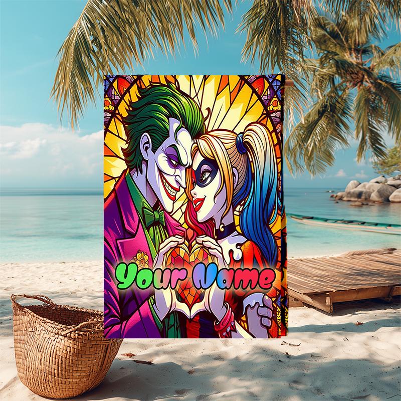 1PC Custom Name "Joker Harley's Love Story" Beach Towel Highly Absorbent And Sand-Resistant Towel for Swimming, Pool, Yoga, And Travel Lightweight