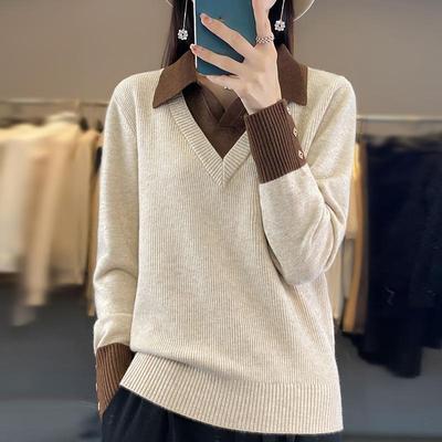 Women's Fall/Winter Maillard with a Wool-blend Fake Two-piece Shirt Collar Knit Rollover Pullover Sweater
