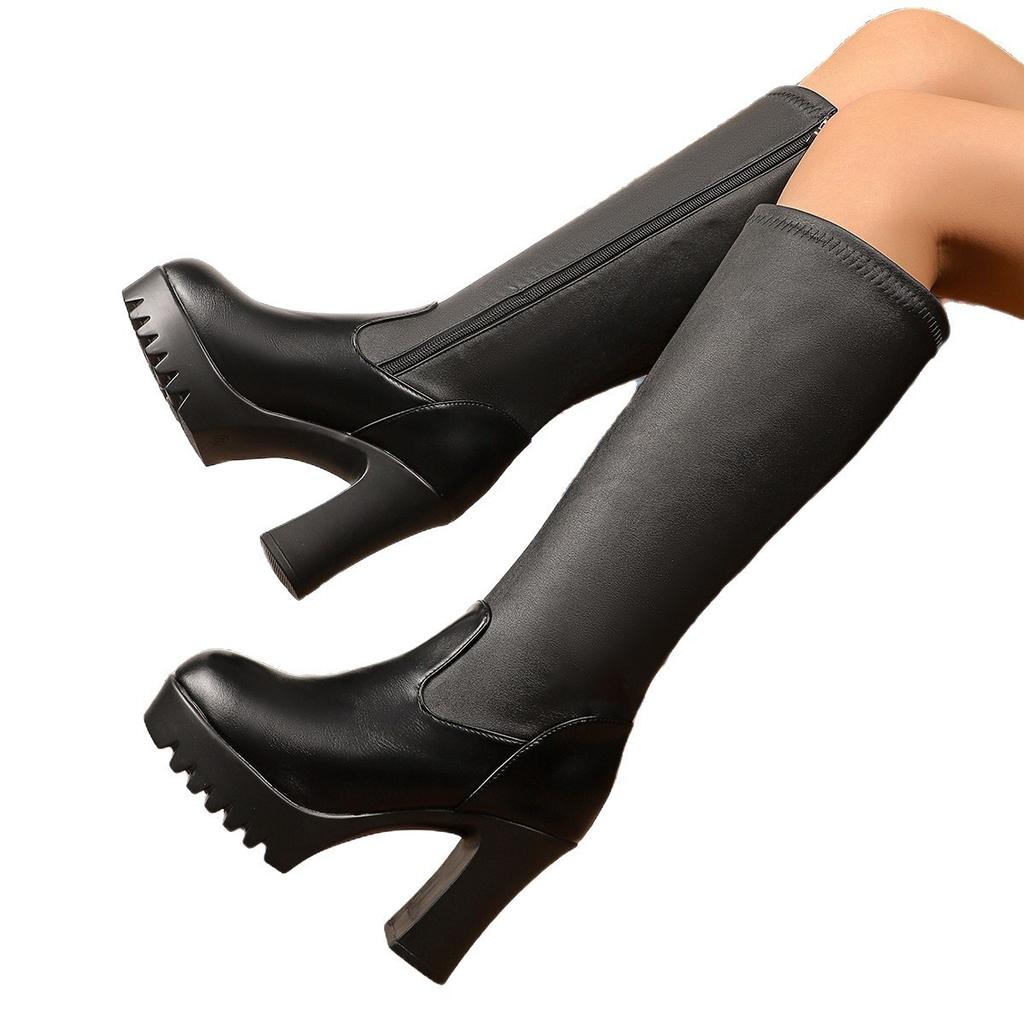 Over-knee Boots for Women's 2025 Autumn and Winter New European and American Fashion High-heeled Rear Zipper Black Warm Round Head Thin Boots