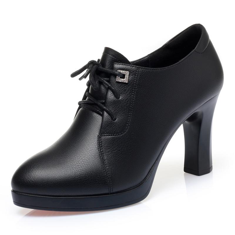 New High Heels Lace up Anti Slip Height Increasing Soft Leather Elegant Women Dress Shoes Comfortable Chunky Heel
