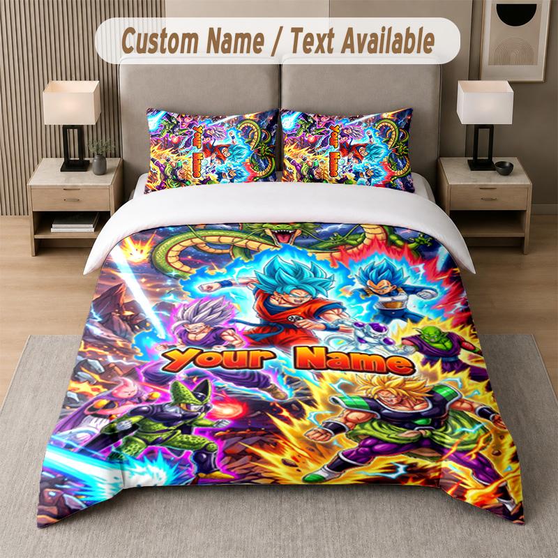 Dragon Ball 3Pcs Bedding Set, Personalized Custom Name Text, 1 Duvet Cover & 2 Pillowcases For Bedroom