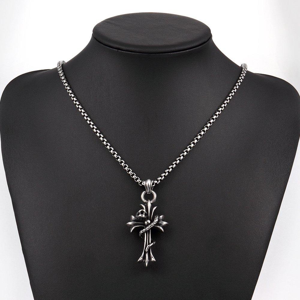 Rockyu Popular Brand Cross Necklace for Men, Stainless Steel, Antique Cross Pendant with Snake and Black Cross and Skull Design