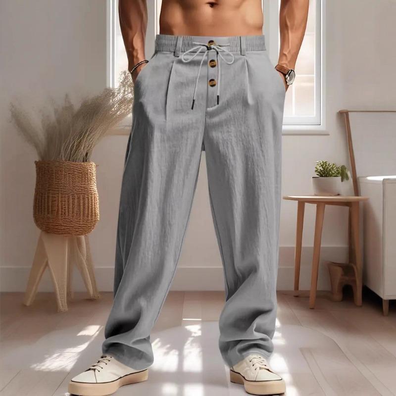Men Linen Blend Drawstring Waist Wide Leg Pants Casual Beach Trousers With Pockets