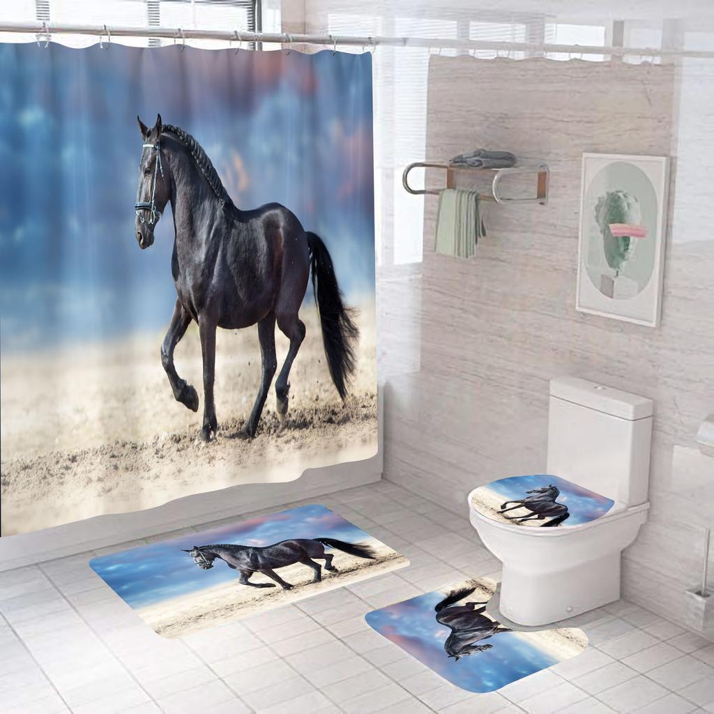 Horse Running Shower Curtains Bathroom Decor Aniaml Printed Waterproof Polyester Fabric Home Bath Bathtub Curtain Set With Hooks