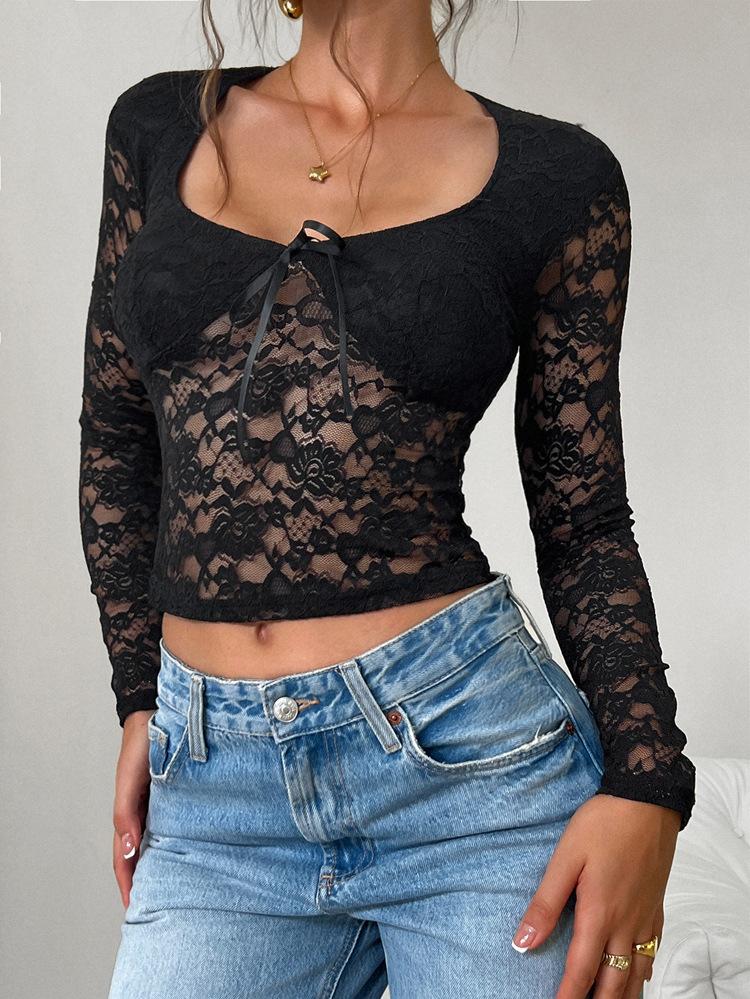 Women y2k Sexy Wind Slim Hollow Long Sleeve Tie Lace Shirt Top