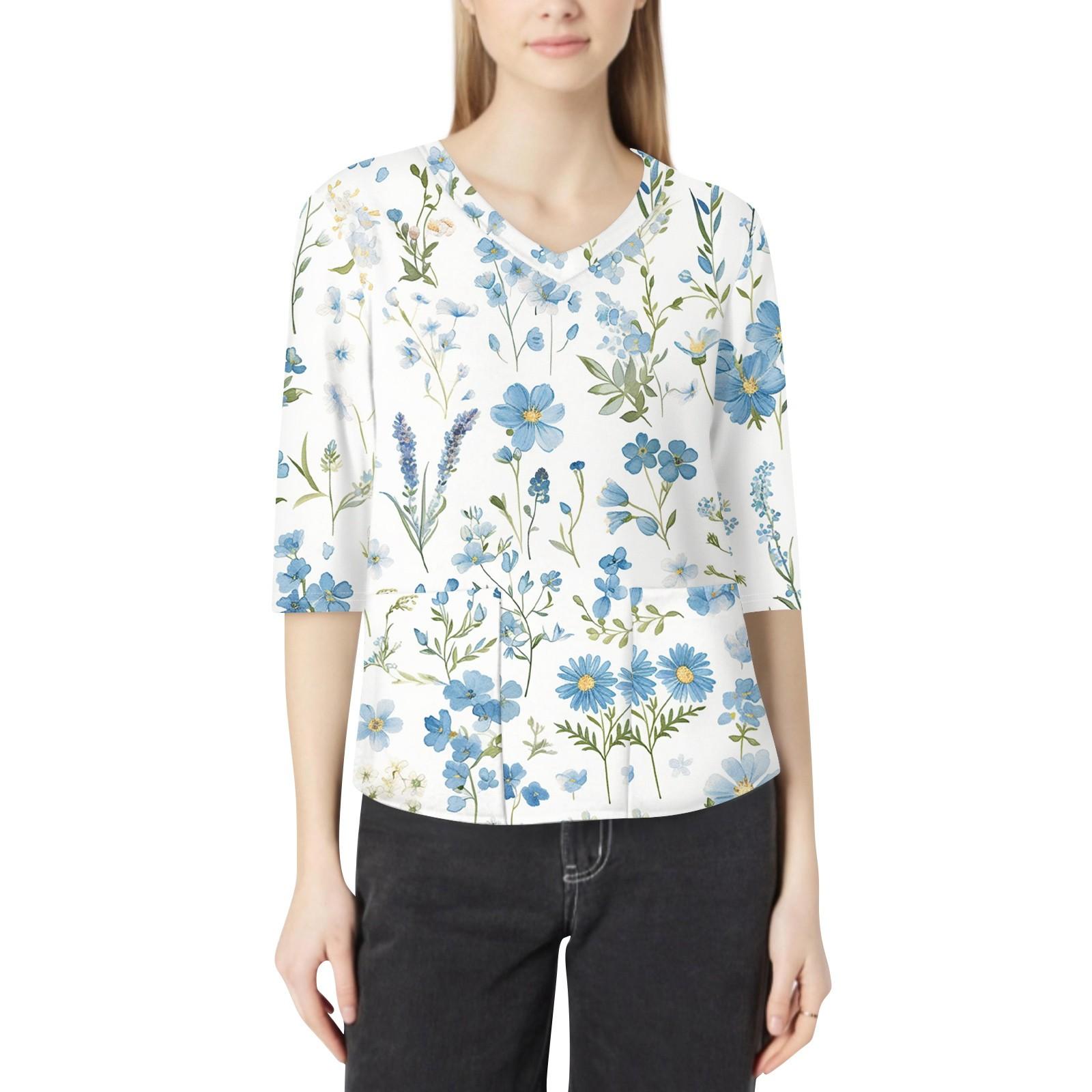 

Модний жіночий робочий одяг з V-подібним вирізом і рукавами 3/4, вільні топи з кишеньковими принтами S