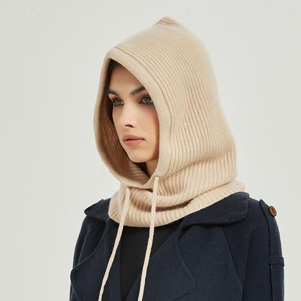 Thick Winter Knitted Hooded Caps Women One-Piece Beanie Hats Outdoor Balaclava Neck Warmer Scarf Windproof Ear Protection Bonnet