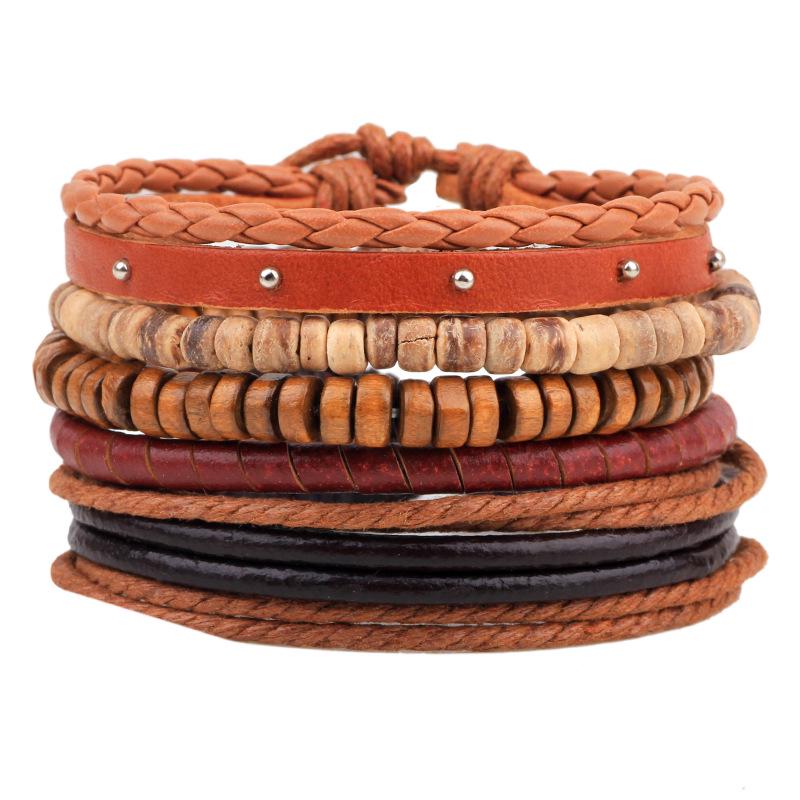 Men's Retro Multi-Strand Cowhide Anchor Bracelet Set with Wood Beads