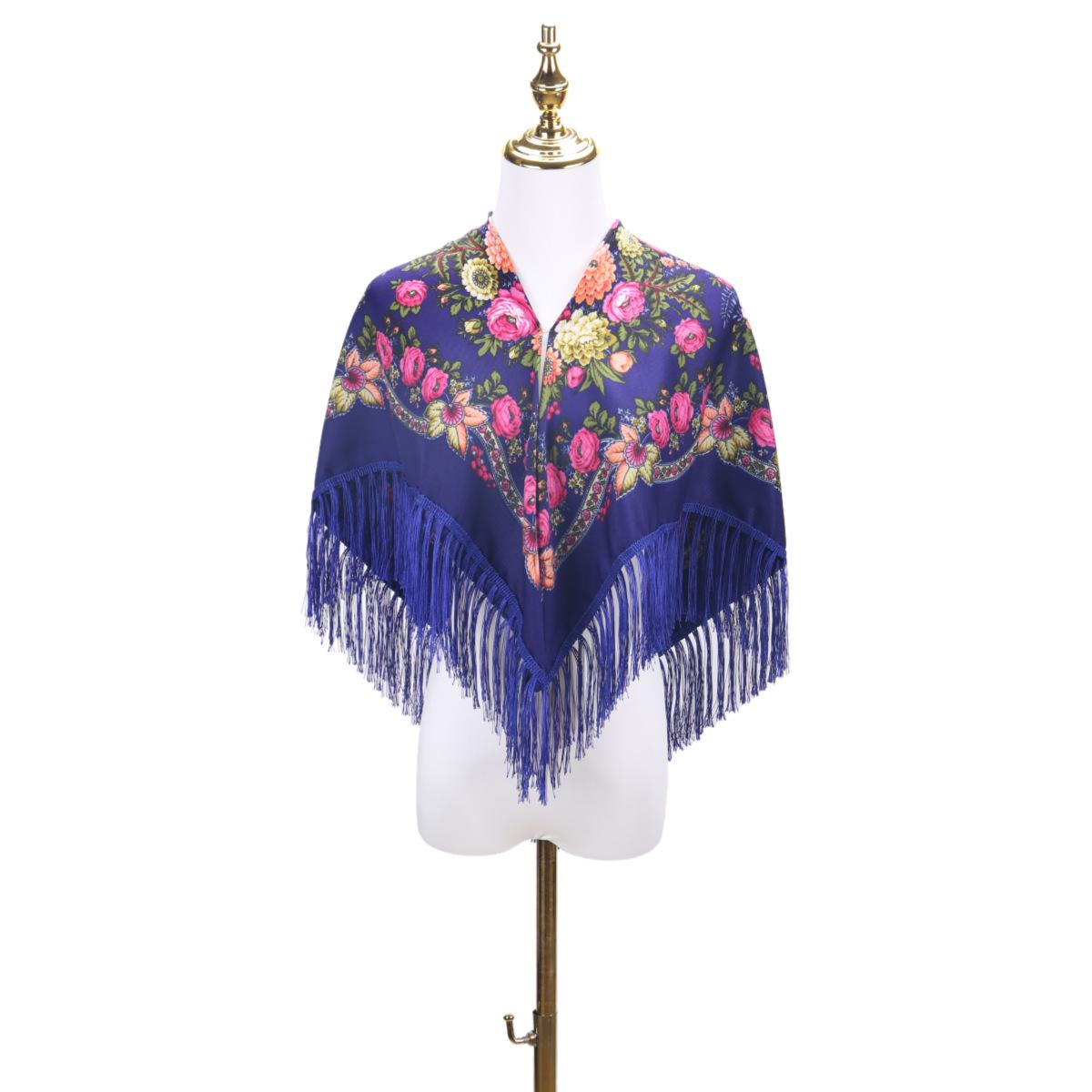 Russian Ethnic Floral Tassel Shawl: Xinjiang-Style Retro Scarf 90*90 cm