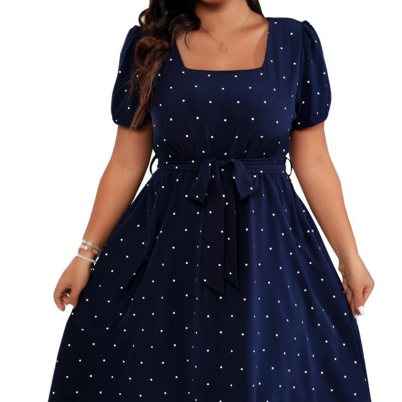 Summer Large Size Retro Polka Dot Dress Women Elegant Slim Waist Cinched Lace Up Square Neck Party Dress Fashion Elegant Sweet Casual Holiday Dresses