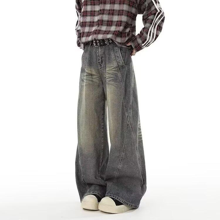 American retro washed jeans men's spring and autumn new trendy casual pants loose straight wide-leg pants
