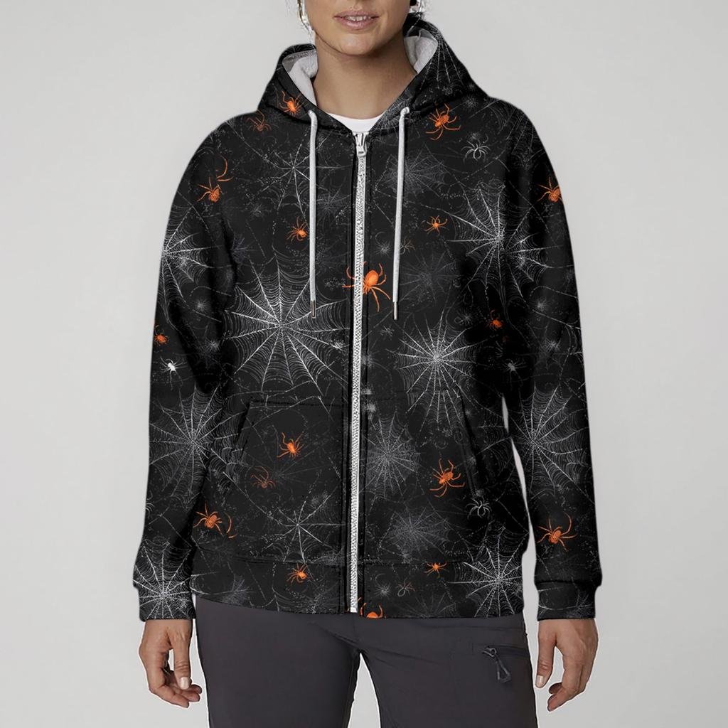 Damenmode, lässig, Halloween-bedrucktes Sweatshirt, langärmelig, mit Tasche, Strickjacke, Jacke, Reißverschluss, Kapuzenmantel