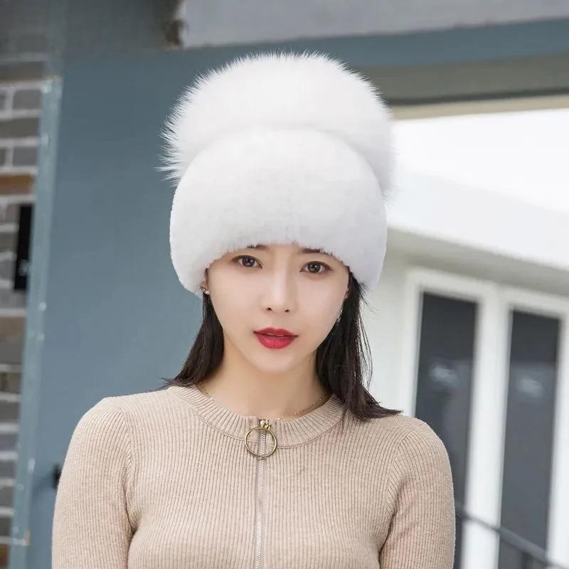 New Women Winter Luxury Real Rex Rabbit Fur Hat Knitted Rex Rabbit Fur Hat Top Natural Fox Fur Cap Genuine Fox Fur Beanies Hat