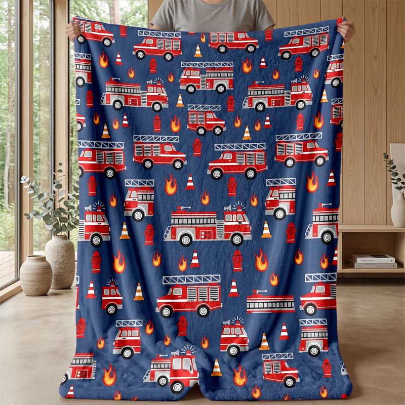 Fire Truck Pattern Theme blanket Lightweight Warm Flannel Blanket Decorative Throw Blanket for Home Decoration