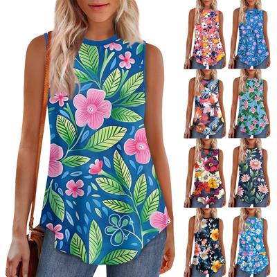 Women's Round Neck Retro Flower Print Vest Versatile Loose Hem Sleeveless T-Shirt Top