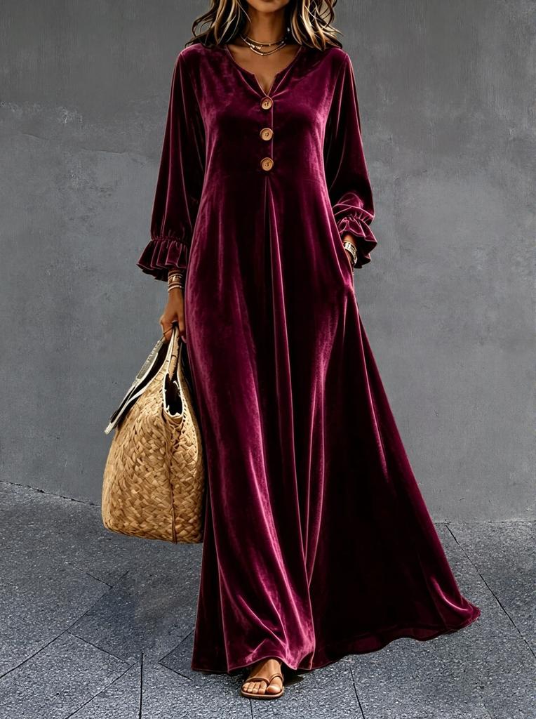 Viento otoño e invierno nueva ropa de mujer mangas de hoja de loto terciopelo suelta temperamento vestido largo con cuello en V falda de gran vuelo