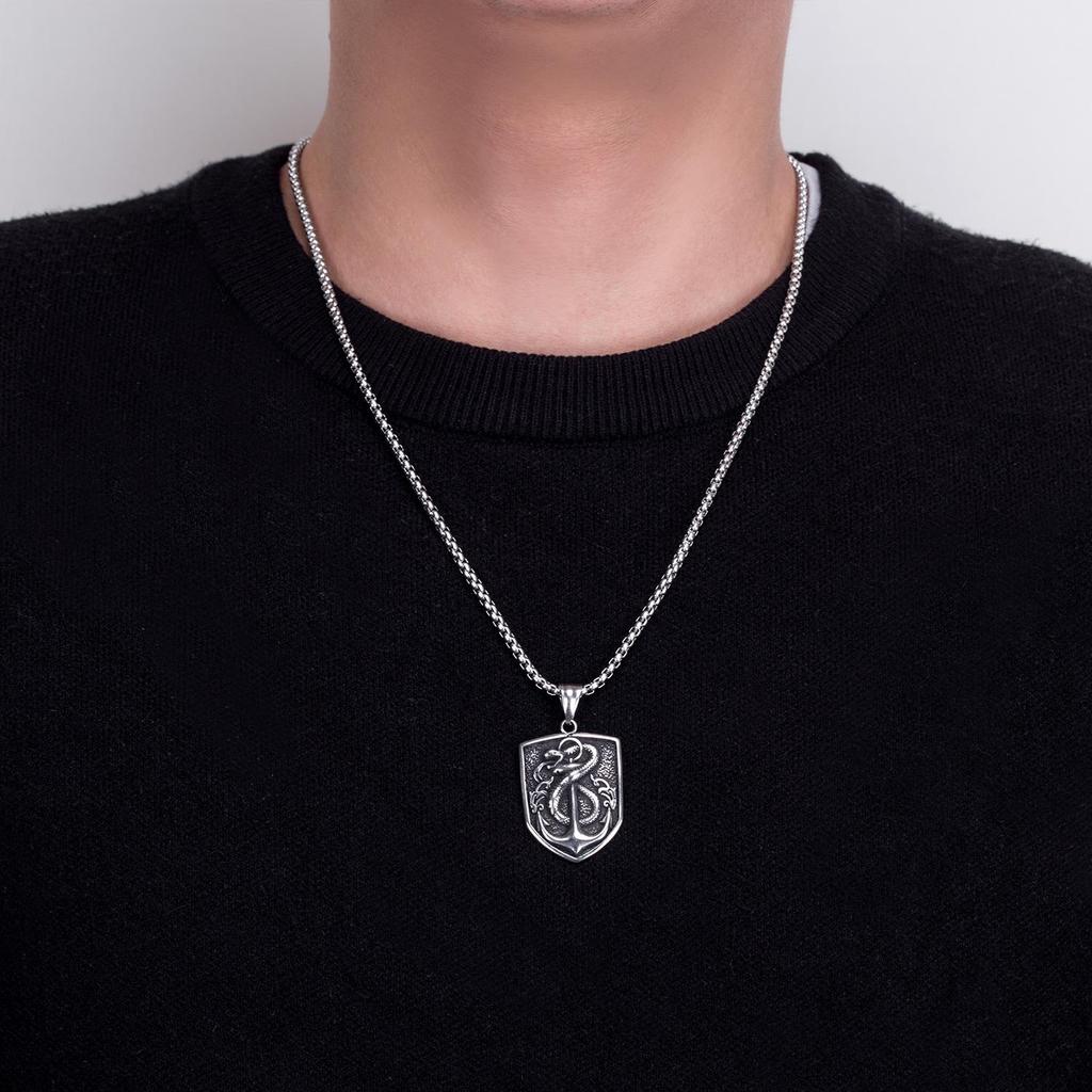 European & American Hip Hop Men's Steel Necklace: Dog Tag with Snake & Anchor, Non-Fading Sweater Chain