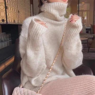Mink Velvet Turtleneck Soft Waxy New Mohair Sweater Retro Lazy Style Knitted Sweater Autumn and Winter Wear