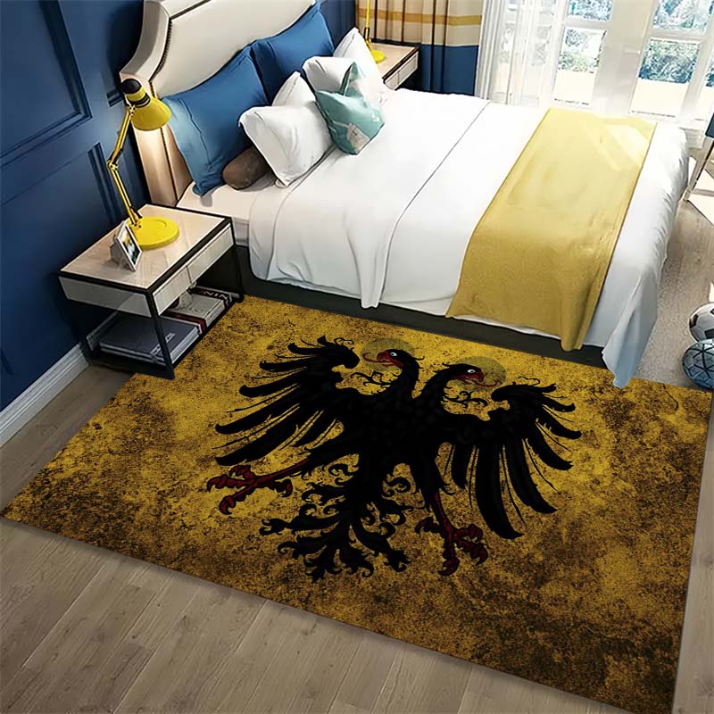 Vintage Yellow Background Double Headed Eagle Print Area Rug, Non Slip Soft Floor Mat Living Room Home Decor Carpet