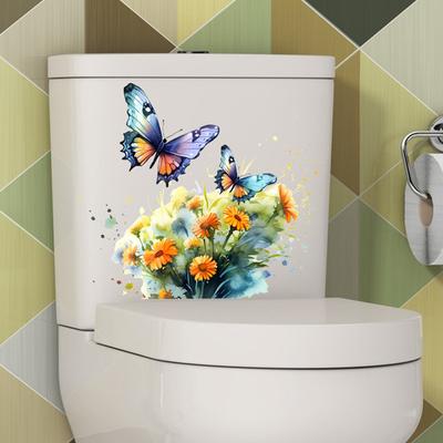 Colorful Butterflies Floral Toilet Sticker Removable Self-adhesive Wall Waterproof PVC Living Room Flower Art Bathroom Toilet Lid Decoration