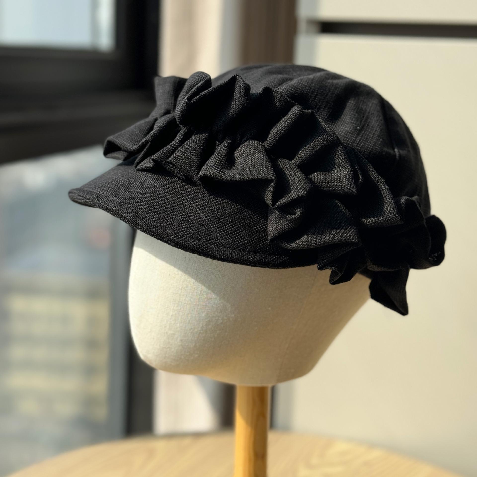 

Korean-style niche design cotton-linen pleated newsboy cap, fashionable face-slimming duckbill cap for women, ladylike beret Adult54-60Adjustable чёрный