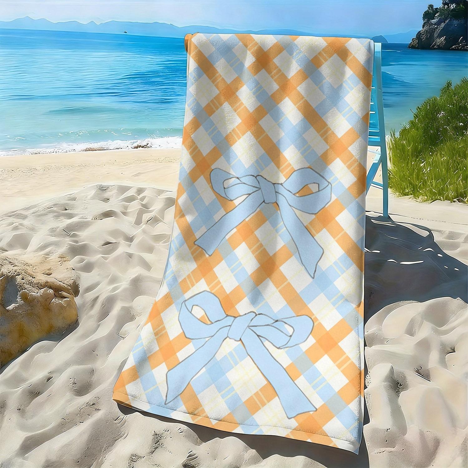 

Belted blue and orange checkered pattern polyester microfiber beach towel is highly absorbent, suitable swimming beach outings W30*H60(CM)