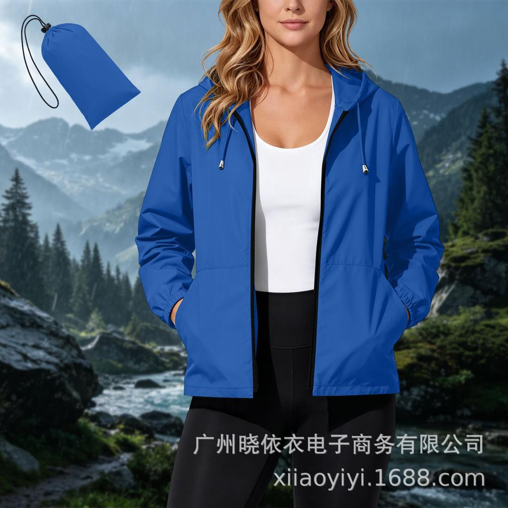 Women Hooded Waterproof Windbreaker Jacket Lightweight Packable Zip Up Outdoor Rain Coat