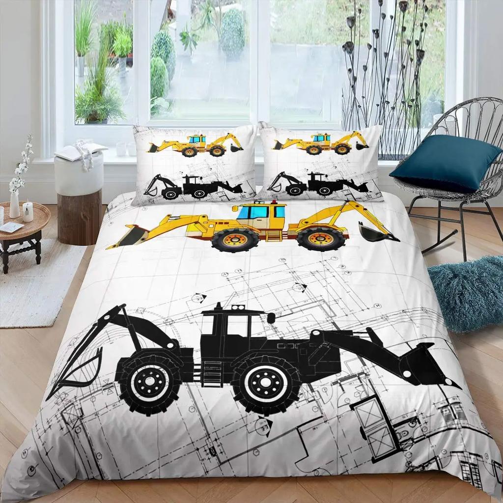 Cartoon Tractor Trucks King Queen Duvet Cover Construction Vehicle Bedding Set Excavator Quilt Cover Polyester Comforter Cover