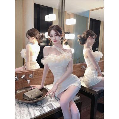 Pure Desire Style Design Flower One-word Shoulder Dress Women's Summer Sexy Backless Slim Skinny Hip Wrap Short Skirt