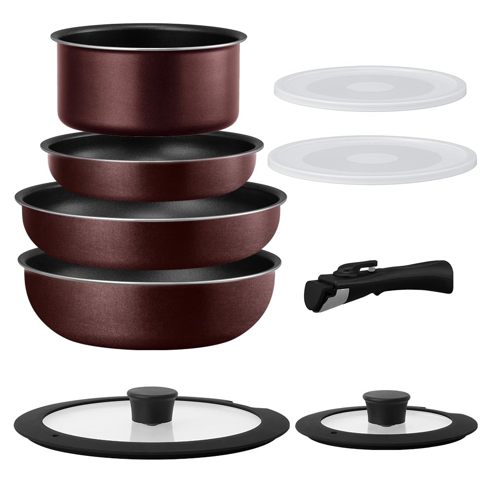 IRIS OHYAMA Frying Pan Set with Diamond Coated Removable 3 Metallic Burgundy 9-Piece Pans, Induction/Gas Compatible, Handles, Lightweight, Colors,