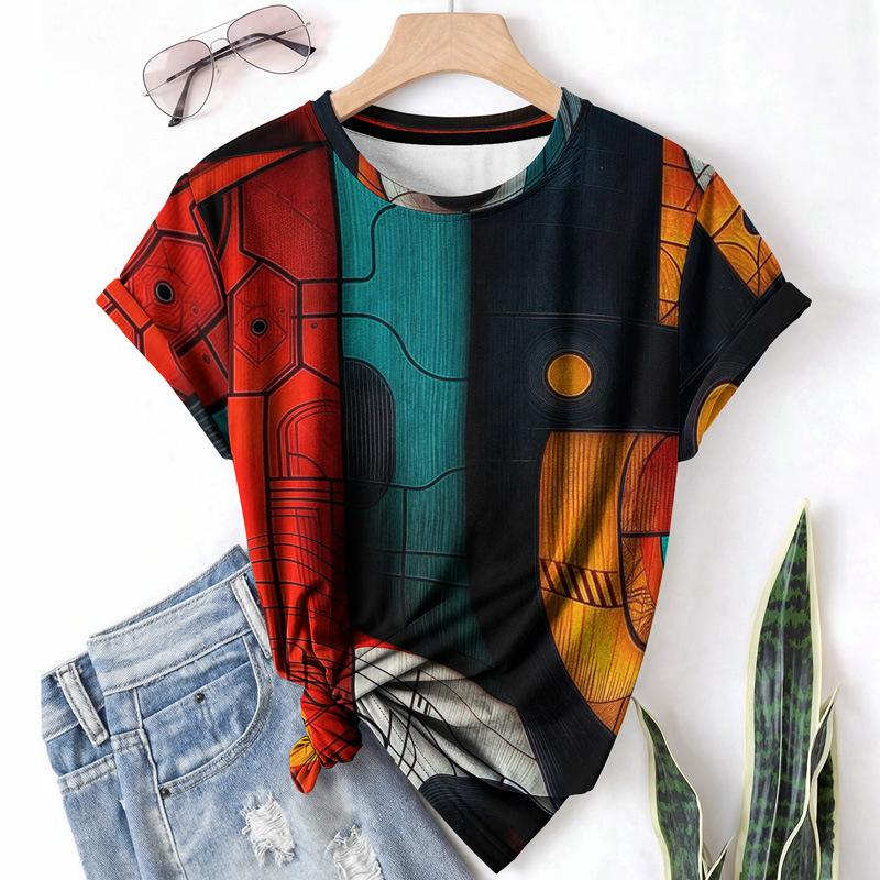T-shirt da donna estiva a girocollo a maniche corte con motivo astratto stampato in 3D, artistica, leggera, casual e alla moda