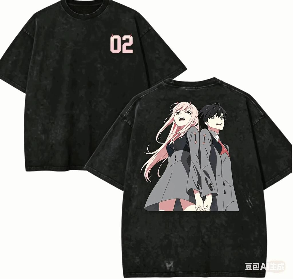 2026 Darling in the Franxx Zero Two Hiro Anime Gewaschenes T-Shirt Herren Damen Vintage Oversized Streetwear Harajuku Lässiges Baumwoll-T-Shirt
