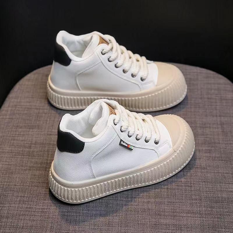 Plateau Weiße Schuhe Damen Neu Frühling und Herbst High-Top Damenschuhe Sport und Freizeit Keksform Schuhe Wilde Stiefel
