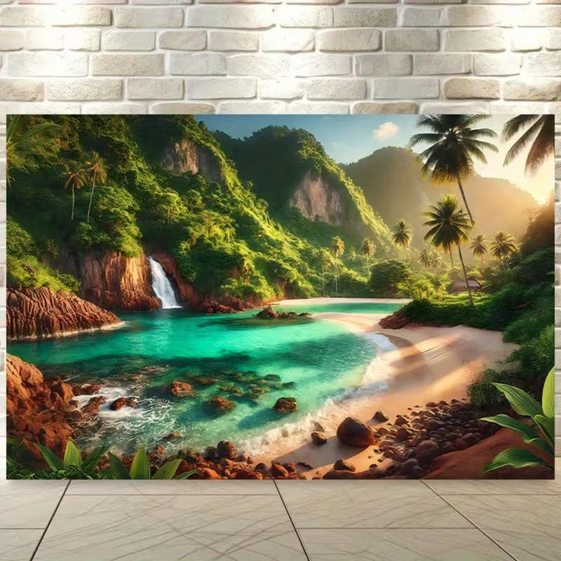 2D Cliff Waterfall Green Mountain Coconut Palm Hidden Cove Beach Backdrop Tropical Wall Tapestry 47.2x31.5inch/120*80cm