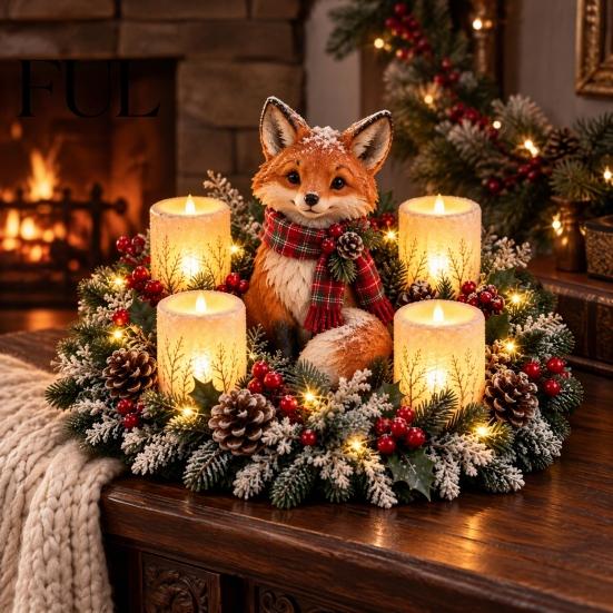 Christmas Party Supplies Lighted Highland Cow Table Centerpiece, Resin Flickering LED Flameless Candles, Frosted Pinecone Displays Pine Red