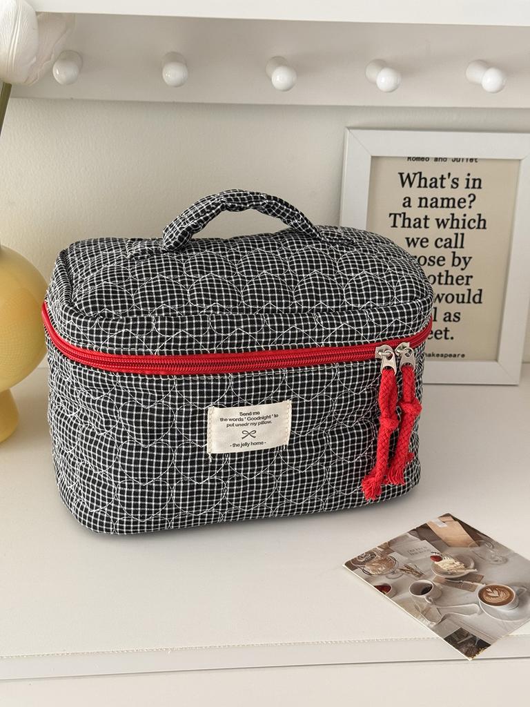 Gesteppte Herz karierte Kosmetiktaschen für Damen Make-up-Etui Große Kapazität Damen Reise-Aufbewahrungstasche Lässige Mädchen Handtasche Clutch-Geldbörse