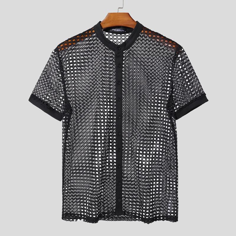 

INCERUN Men Short Sleeve Buttons Up Mesh See Through Beach Shirts Tops