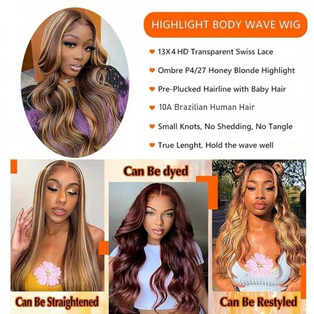 Perucă cu dantelă frontală Ombre Blonda Miere 30 Inch Păr Uman 13x4 Dantelă Frontală HD Ombre cu Șuvițe 4/27 Wave Body Lace Frontal Fără Lipici