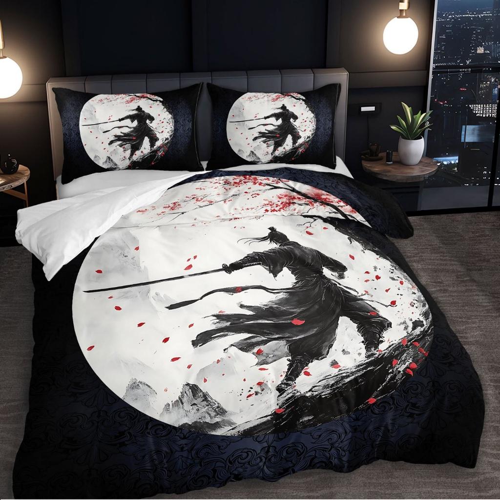 3pcs Japanese Samurai under Moon 3D Printed Bedding Set Cozy Duvet Cover King Queen Twin Size Birthday Gift Bedroom Decoration