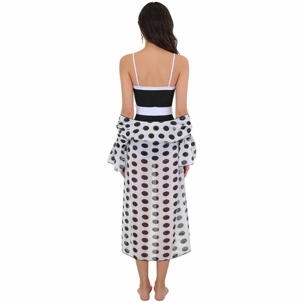 One Piece Swimsuit with Adjustable Straps and Belted Waist Plus Sheer Chiffon Polka Dot Cover Up for Women Beachwear Set