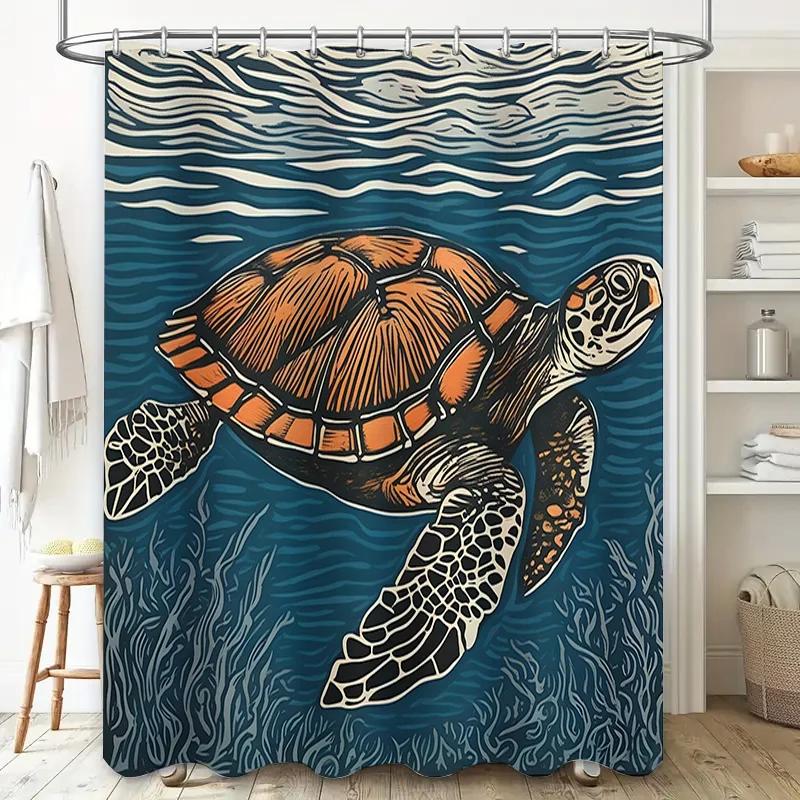 Colorful Sea Turtle Shower Curtain Bath Decor Artistic Design Modern Decoration For Bathroom Blue And Orange Turtles Pattern