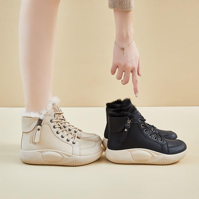 Winter Warm Snow Boots for Women Non-Slip Chunky Platform Sneakers With Faux Fur Lined Lace-Up Tennis Walking Shoes Women's Comfortable Short Booties