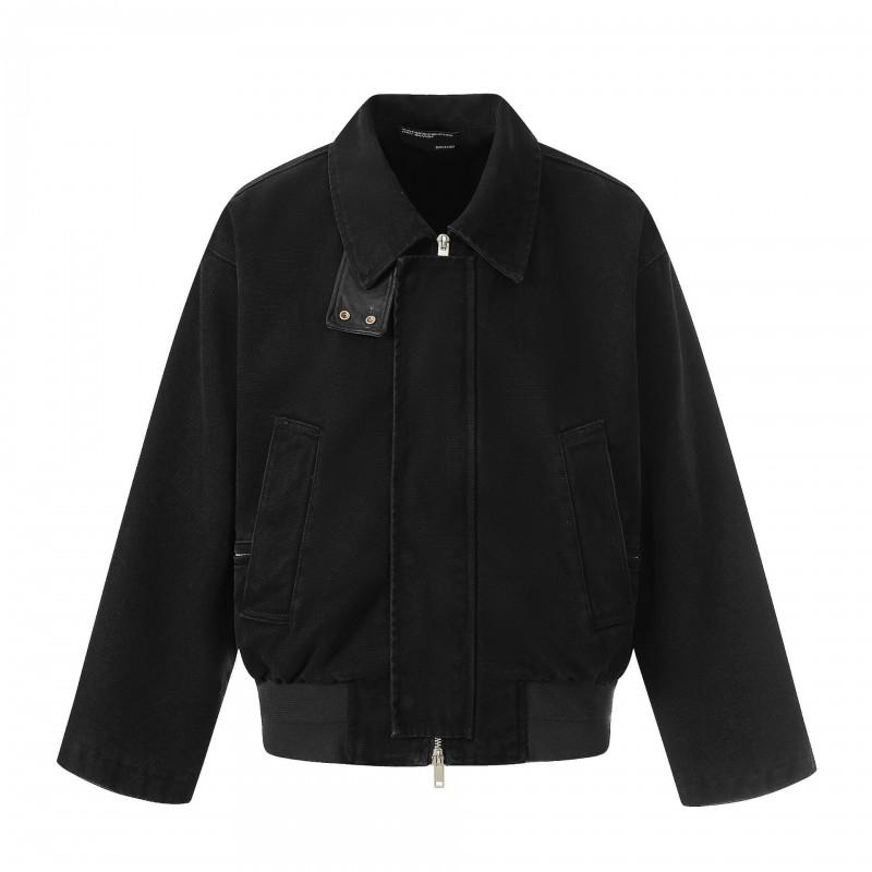 Unisex Oversized Relaxed Fit Cotton Barn Jacket With Distressed Texture Flip Collar Short Wide Workwear Style
